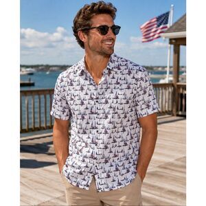 Jos.A.Bank Button up short sleeve sail boats,American flag Men’s size XL Slim Fi